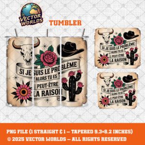 Tumbler Western Tattoo – Crâne de Taureau, Chapeau de Cowboy & Rose Rose avec Citation Française