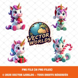 16 PNG Licornes de Noël – Illustrations Cartoon 3D, Licorne Festive, Fichier Transparent pour Sublimation, Scrapbooking, Décoration de Fêtes