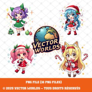 16 K-Pop Chibi Christmas PNG – Cute Anime Girls, Holiday Clipart, White Background