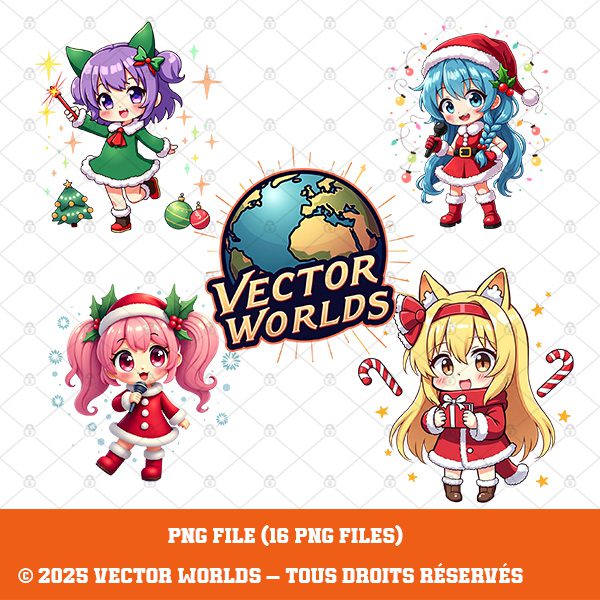 16 K-Pop Chibi Christmas PNG – Cute Anime Girls, Holiday Clipart, White Background