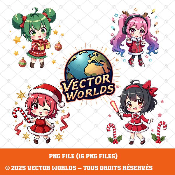 16 K-Pop Chibi Christmas PNG – Cute Anime Girls, Holiday Clipart, White Background – Image 2