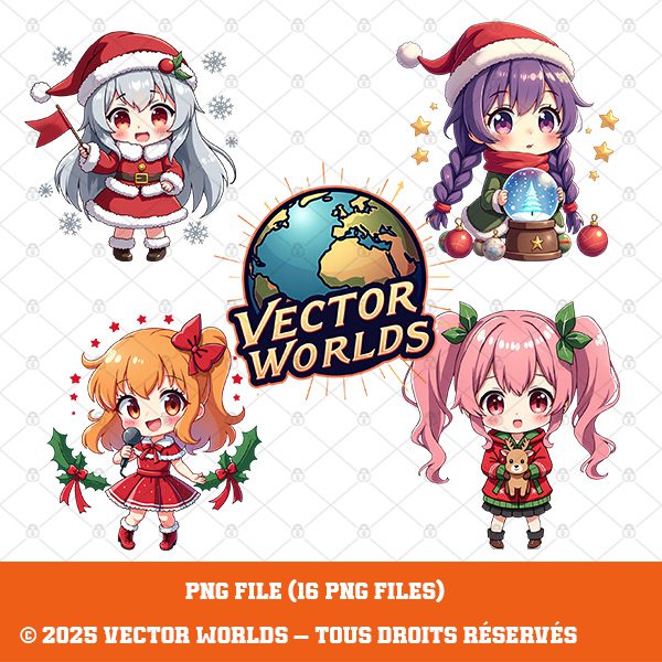 16 K-Pop Chibi Christmas PNG – Cute Anime Girls, Holiday Clipart, White Background – Image 3