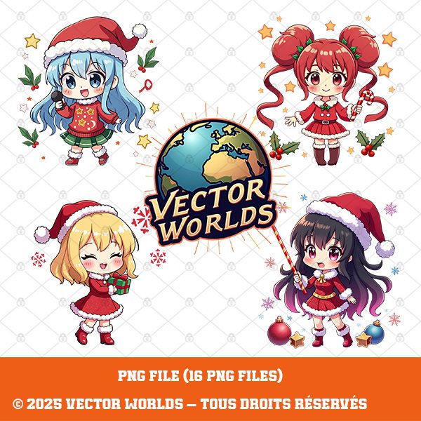 16 K-Pop Chibi Christmas PNG – Cute Anime Girls, Holiday Clipart, White Background – Image 4