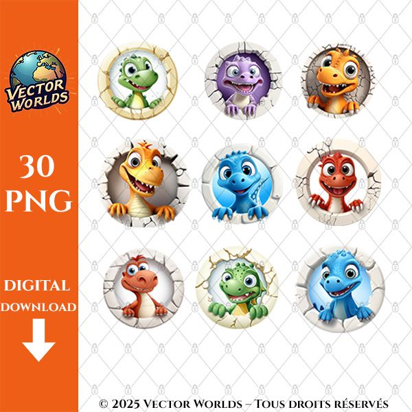 30 Stickers Bébé Dinosaures – Fichiers PNG | Vector Worlds – Image 2