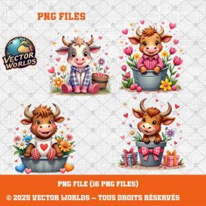 Highland Cows Valentine V1 – 16 Fichiers PNG | Vector Worlds