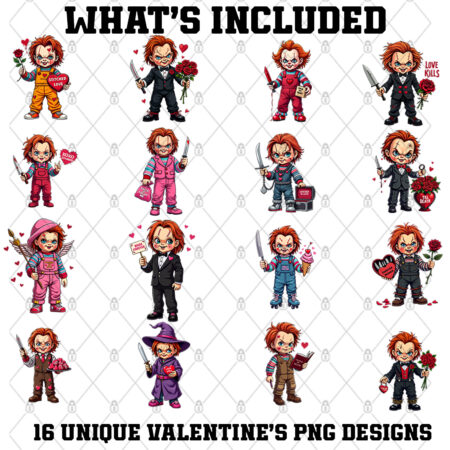 Chucky Valentine’s Collection – 16 Premium PNGs for Sublimation & Print