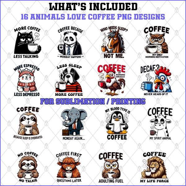 Animals Love Coffee Collection – 16 Premium PNG for Sublimation & Print