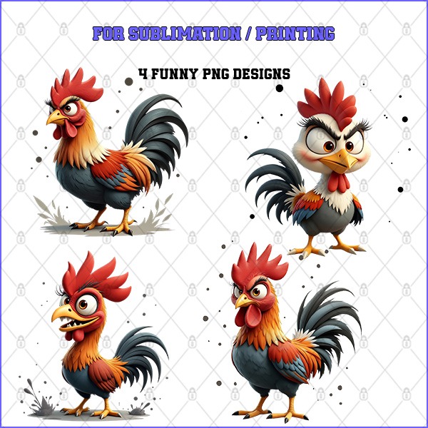 Rooster Pack – 4 Premium PNG for Sublimation & Print