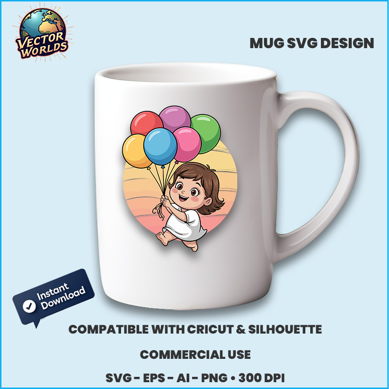 Chubby girl with colorful balloons - SVG Design - Image 3